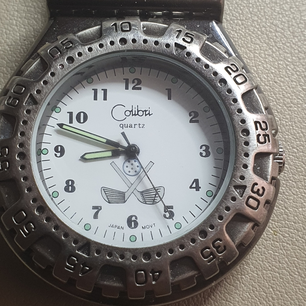 Colibri Silver/White Leather Golf Themed Pocket Watch Keychain